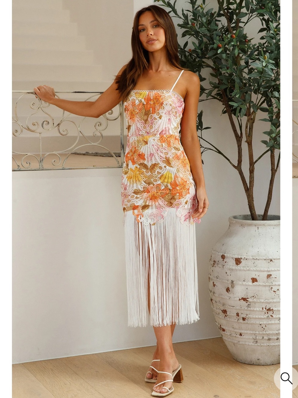 Vici Kabdul Miami Pink White Floral Knit Eyelet Fringe Mini Midi Dress Large